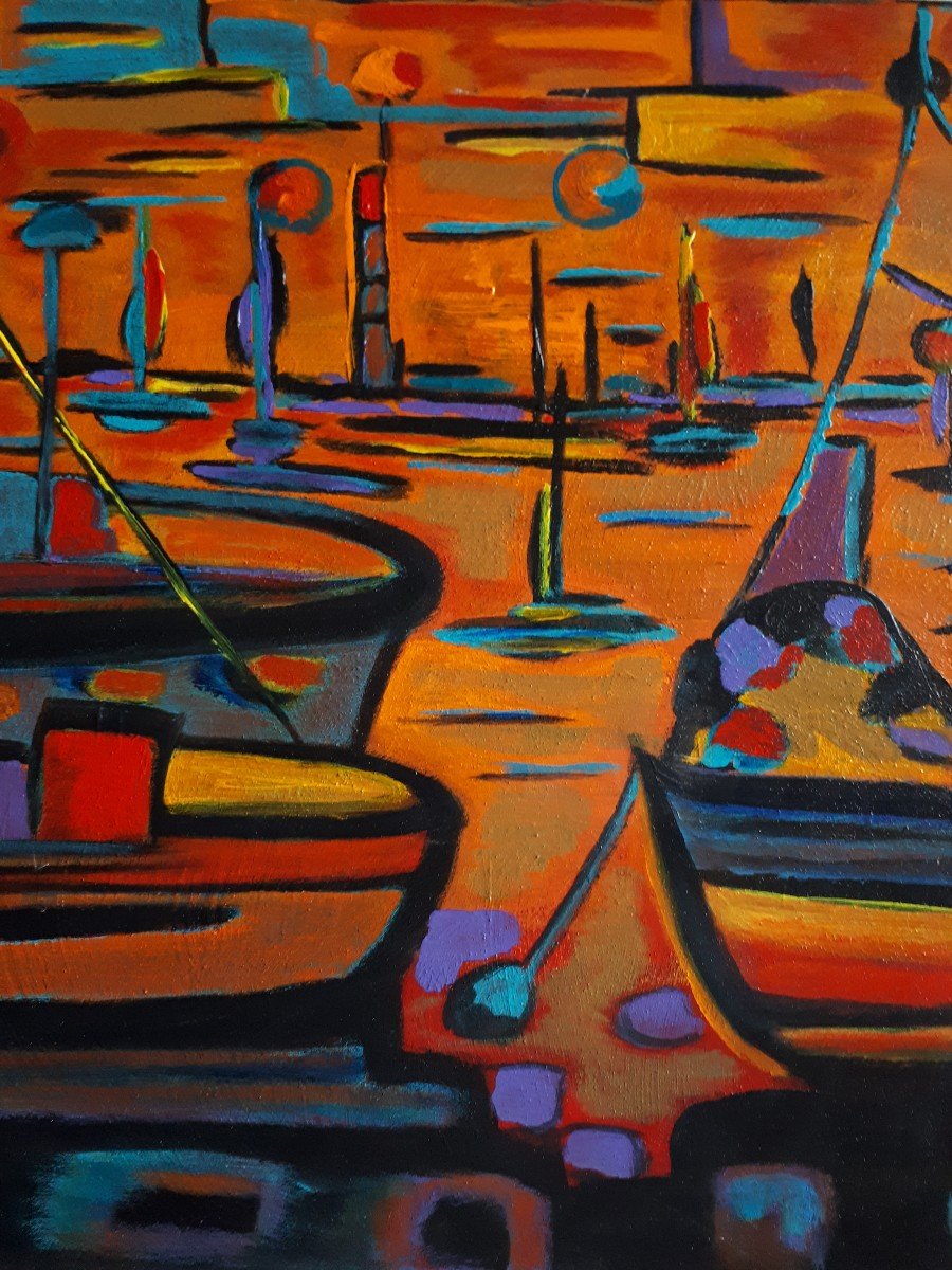 Jacqueline Rey (born In 1963, Sète School - Horizon Marin - Oil On Canvas, Sea, Port, Boats-photo-3