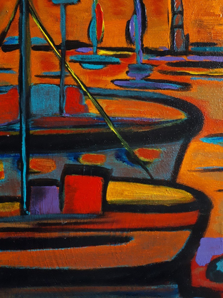 Jacqueline Rey (born In 1963, Sète School - Horizon Marin - Oil On Canvas, Sea, Port, Boats-photo-1