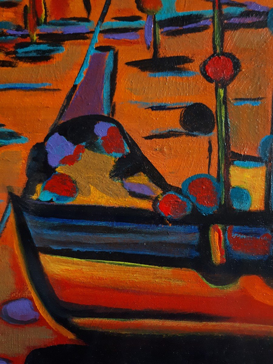 Jacqueline Rey (born In 1963, Sète School - Horizon Marin - Oil On Canvas, Sea, Port, Boats-photo-3