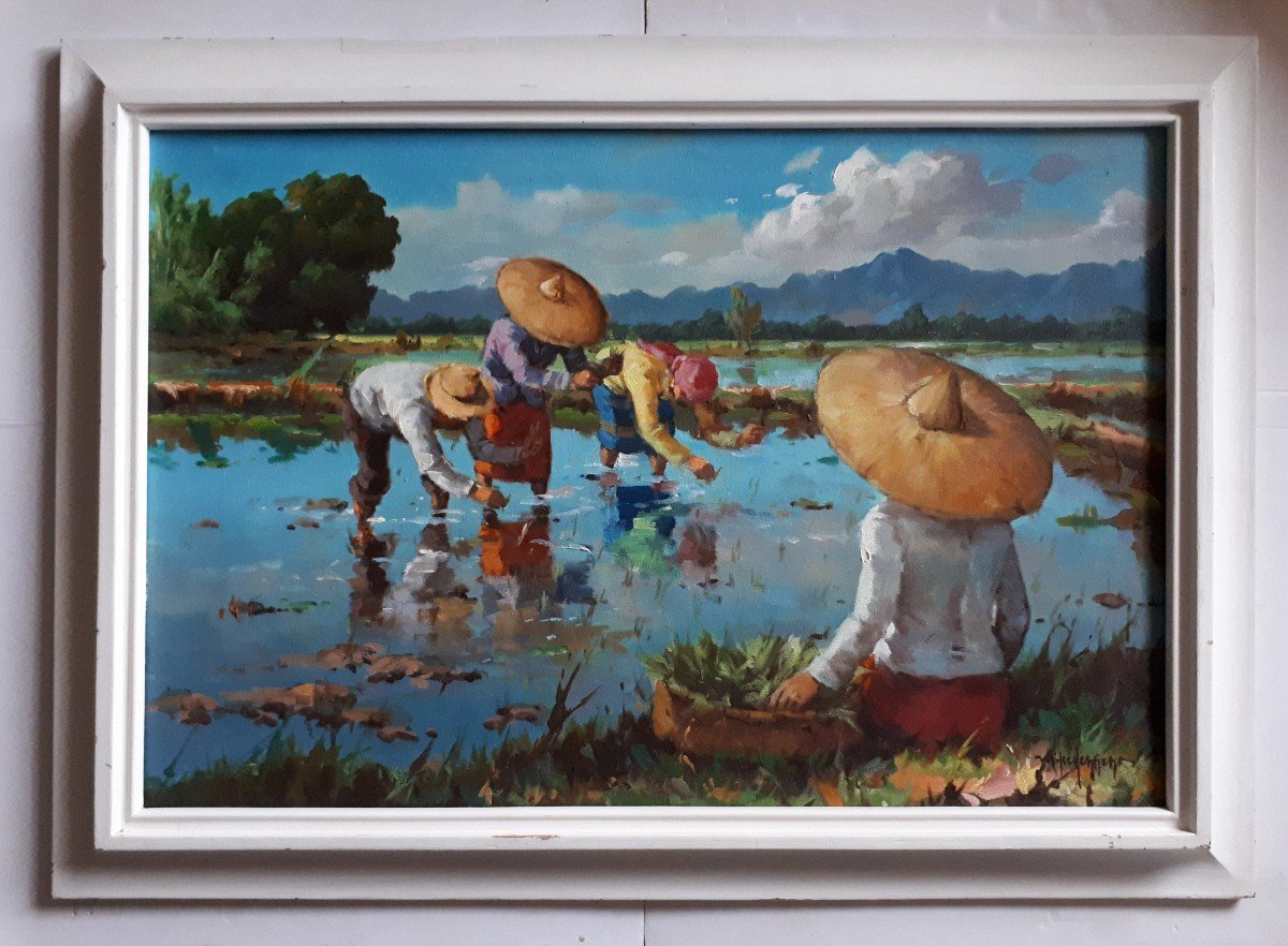 Painting Rice Plantation Scene Rice Paddy Philippines Oil On Canvas-photo-2