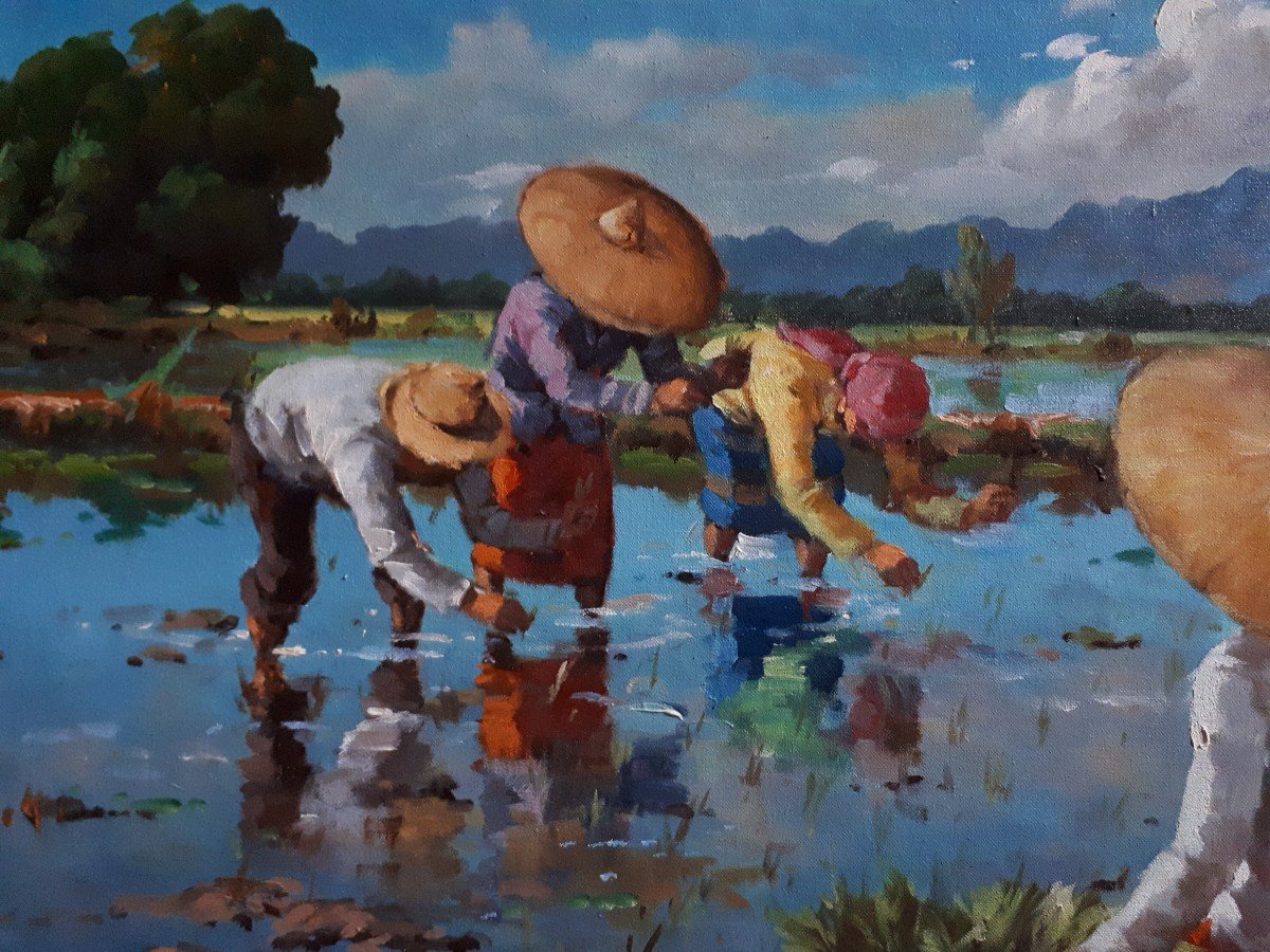 Painting Rice Plantation Scene Rice Paddy Philippines Oil On Canvas-photo-3