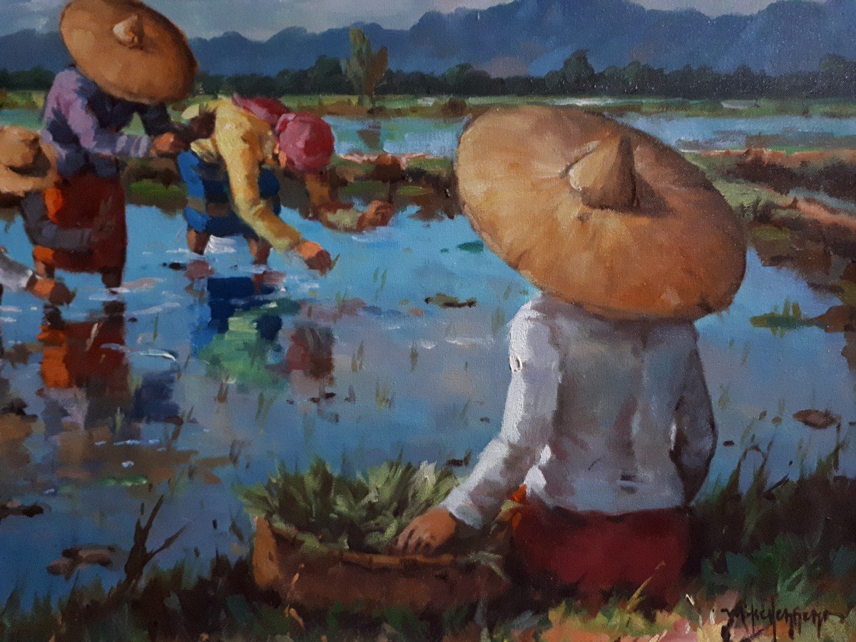 Painting Rice Plantation Scene Rice Paddy Philippines Oil On Canvas-photo-4