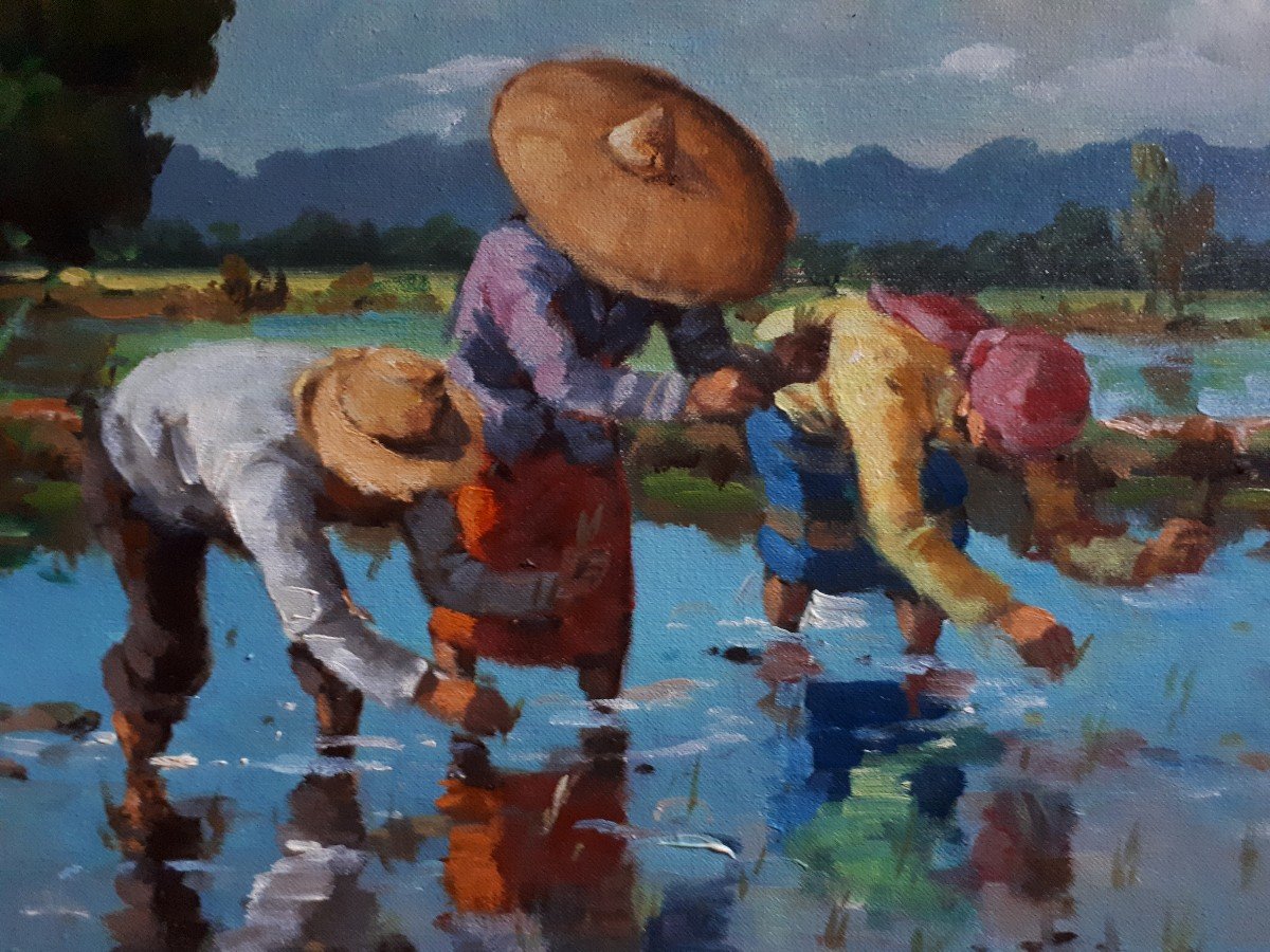 Painting Rice Plantation Scene Rice Paddy Philippines Oil On Canvas-photo-1