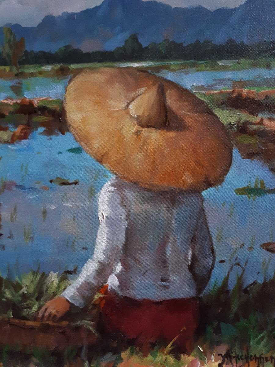 Painting Rice Plantation Scene Rice Paddy Philippines Oil On Canvas-photo-2