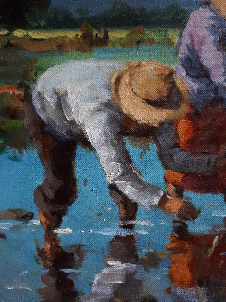 Painting Rice Plantation Scene Rice Paddy Philippines Oil On Canvas-photo-3