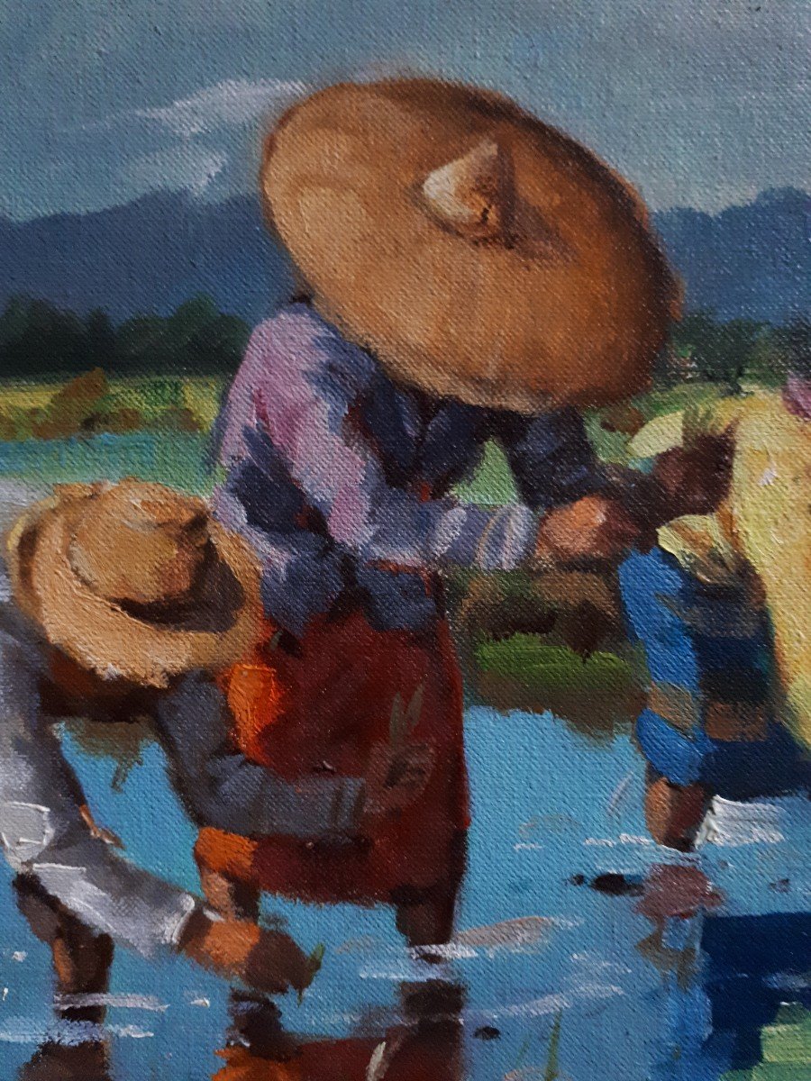 Painting Rice Plantation Scene Rice Paddy Philippines Oil On Canvas-photo-4