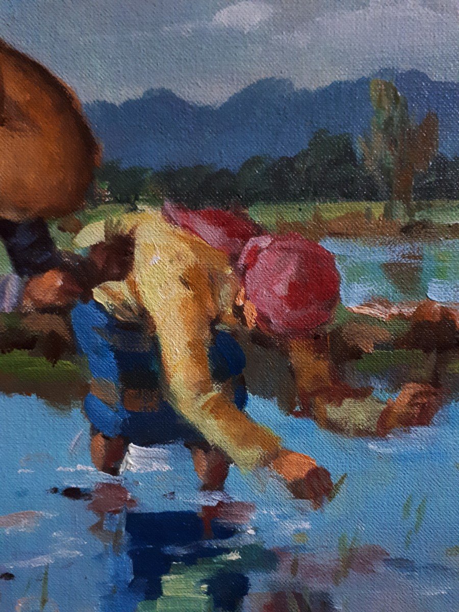 Painting Rice Plantation Scene Rice Paddy Philippines Oil On Canvas-photo-5