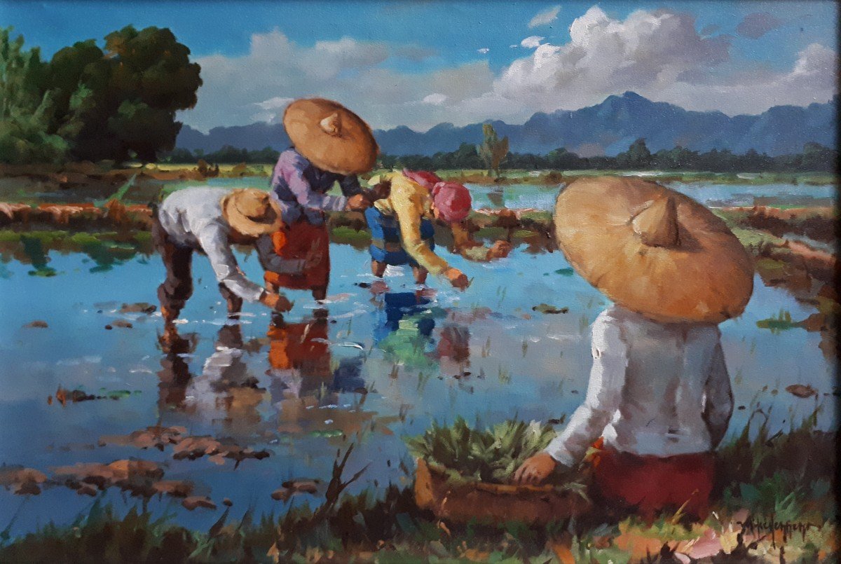 Painting Rice Plantation Scene Rice Paddy Philippines Oil On Canvas