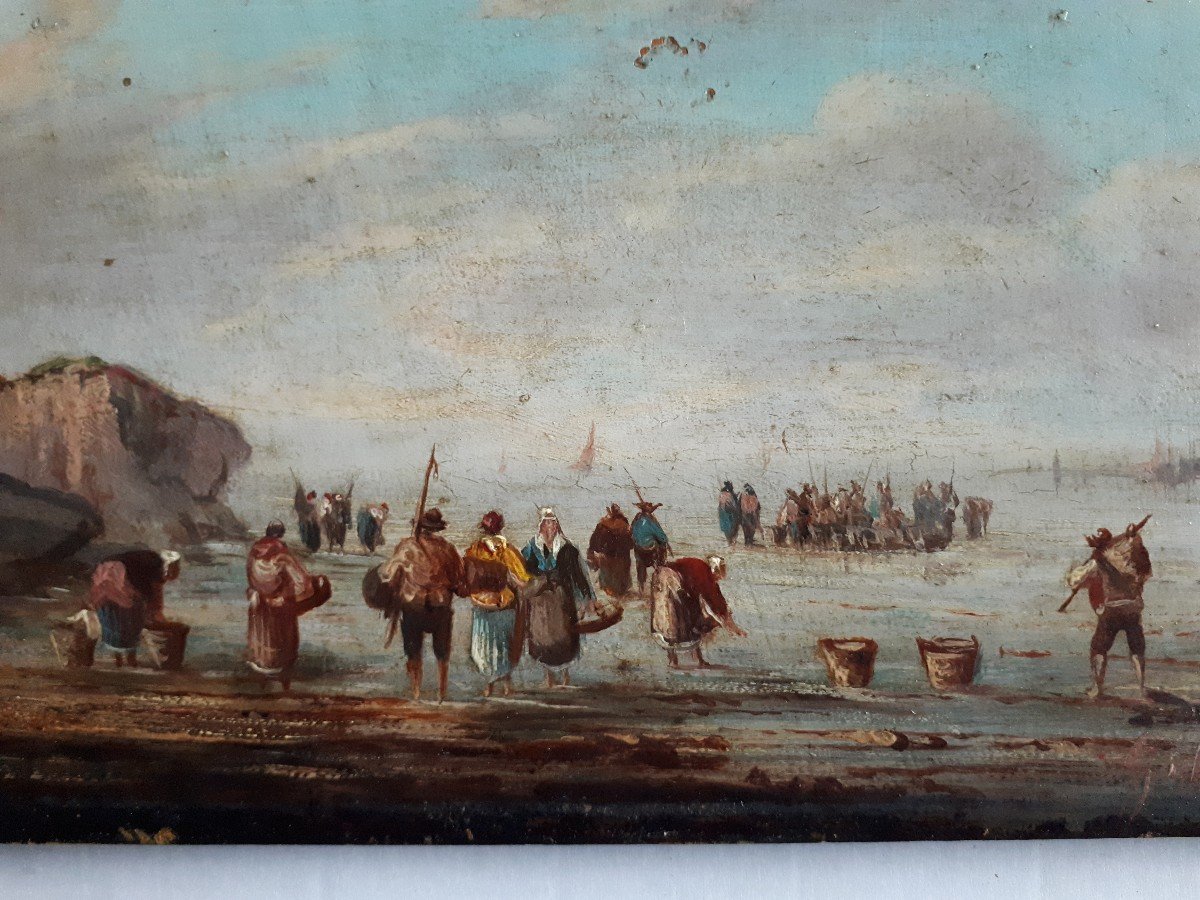 Pierre Julien GILBERT (1783-1860) huile sur bois ramasseurs de coquillages Bretagne 19ème-photo-3