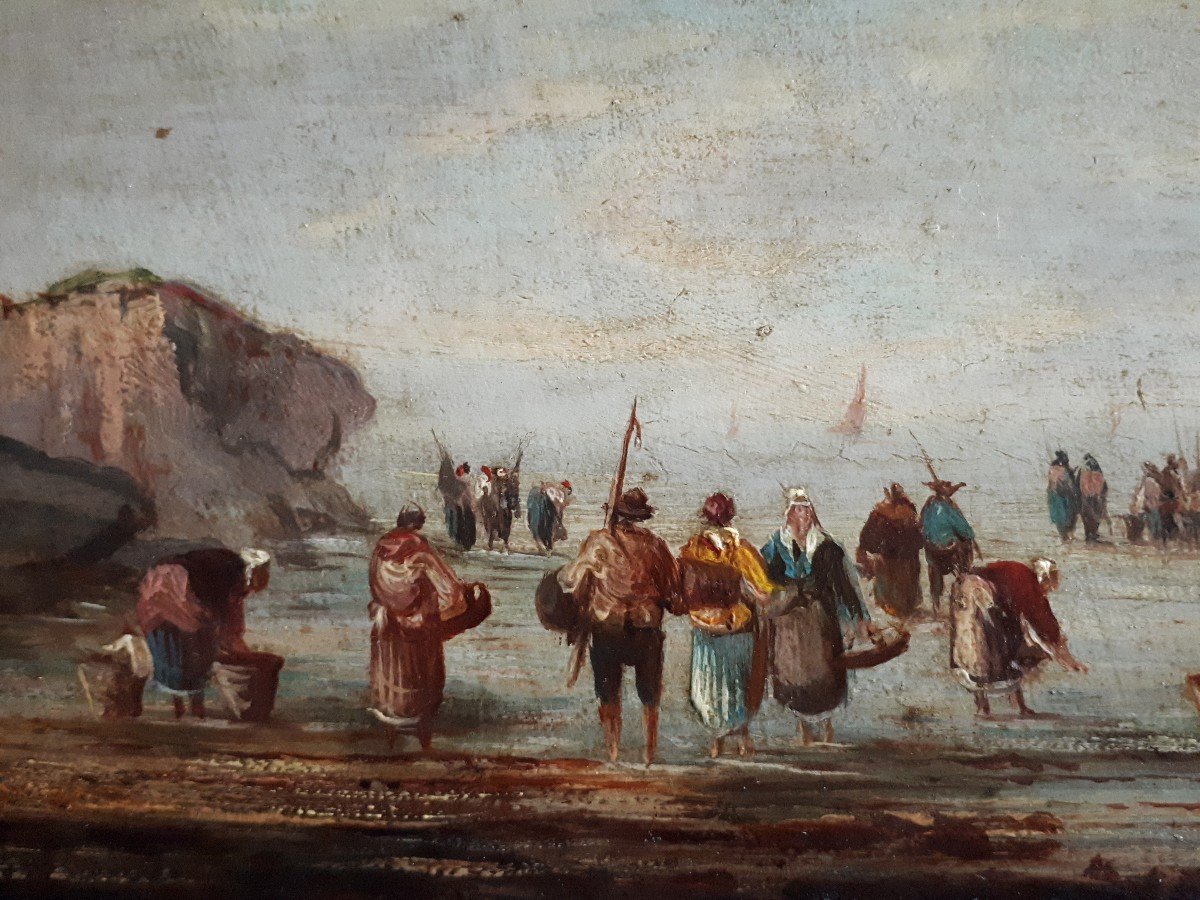 Pierre Julien GILBERT (1783-1860) huile sur bois ramasseurs de coquillages Bretagne 19ème-photo-4