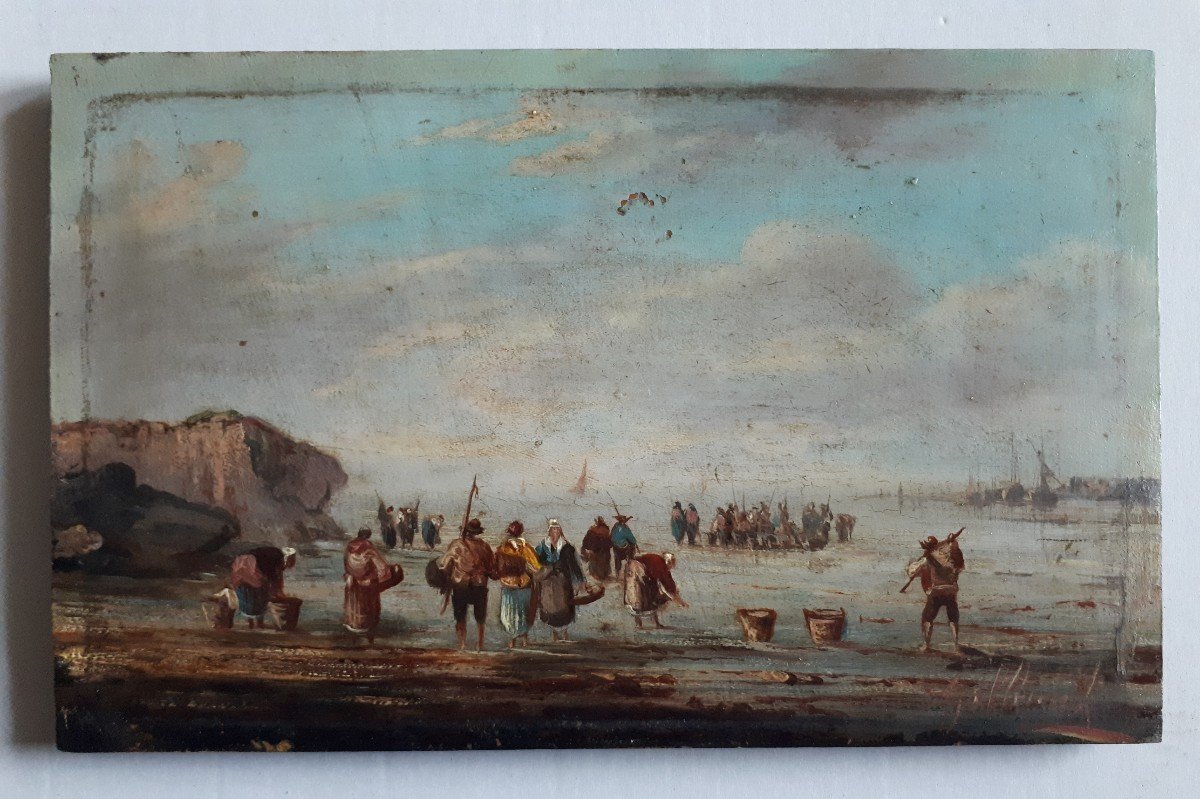 Pierre Julien GILBERT (1783-1860) huile sur bois ramasseurs de coquillages Bretagne 19ème-photo-2