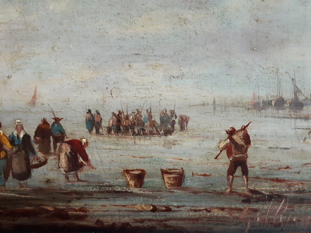 Pierre Julien GILBERT (1783-1860) huile sur bois ramasseurs de coquillages Bretagne 19ème-photo-1