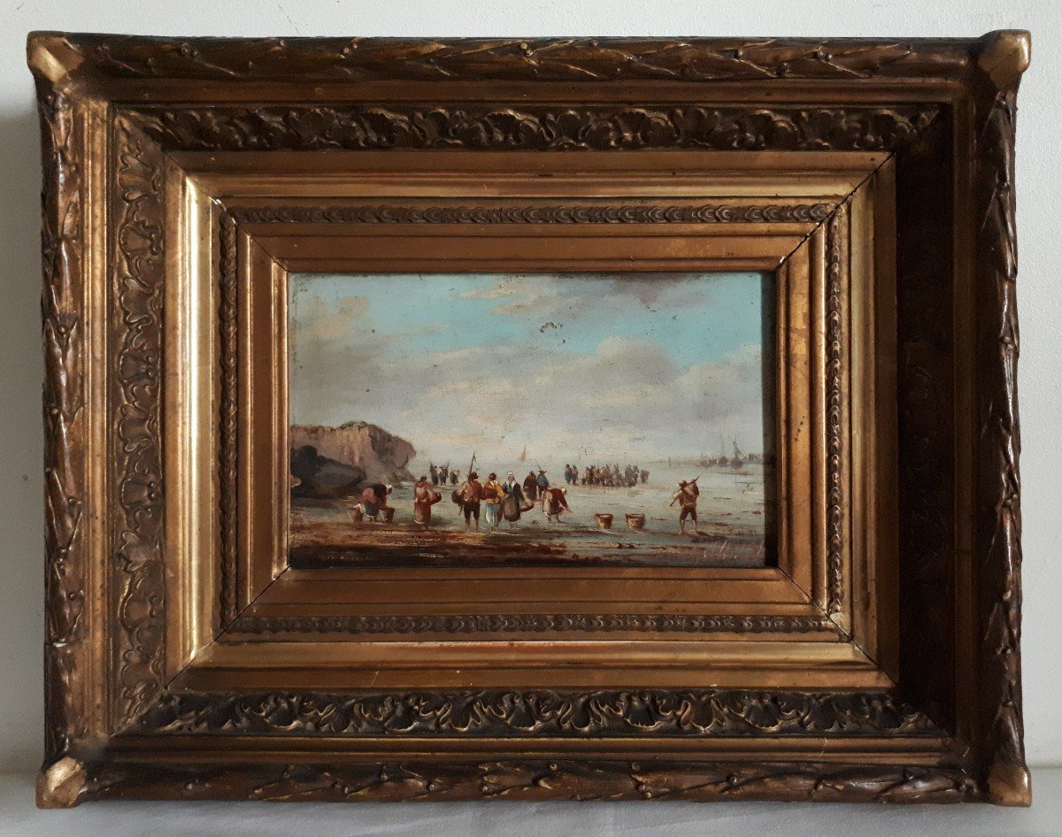 Pierre Julien GILBERT (1783-1860) huile sur bois ramasseurs de coquillages Bretagne 19ème