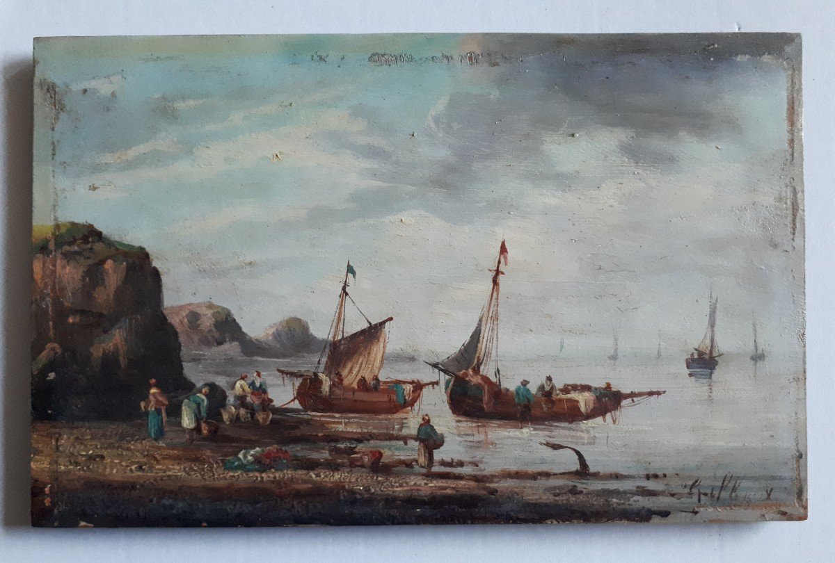 Pierre Julien GILBERT (1783-1860) huile sur bois retour de pêche Bretagne 19ème-photo-2