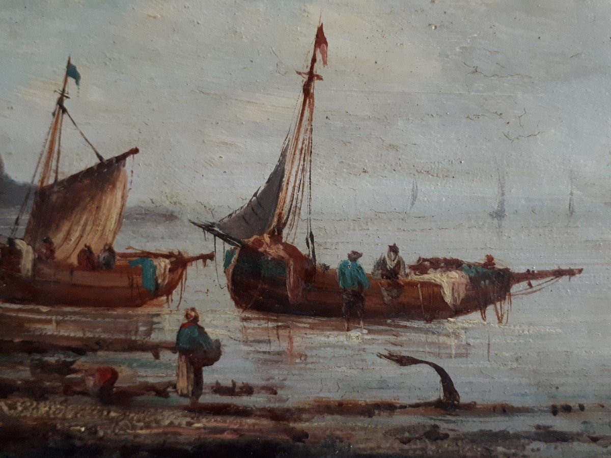 Pierre Julien GILBERT (1783-1860) huile sur bois retour de pêche Bretagne 19ème-photo-1