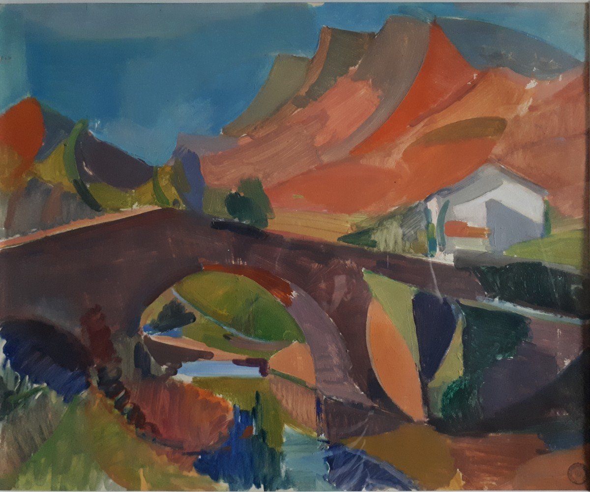 Oswald PERRELLE (1897-1992) huile sur papier paysage de montagne pont rivière-photo-2