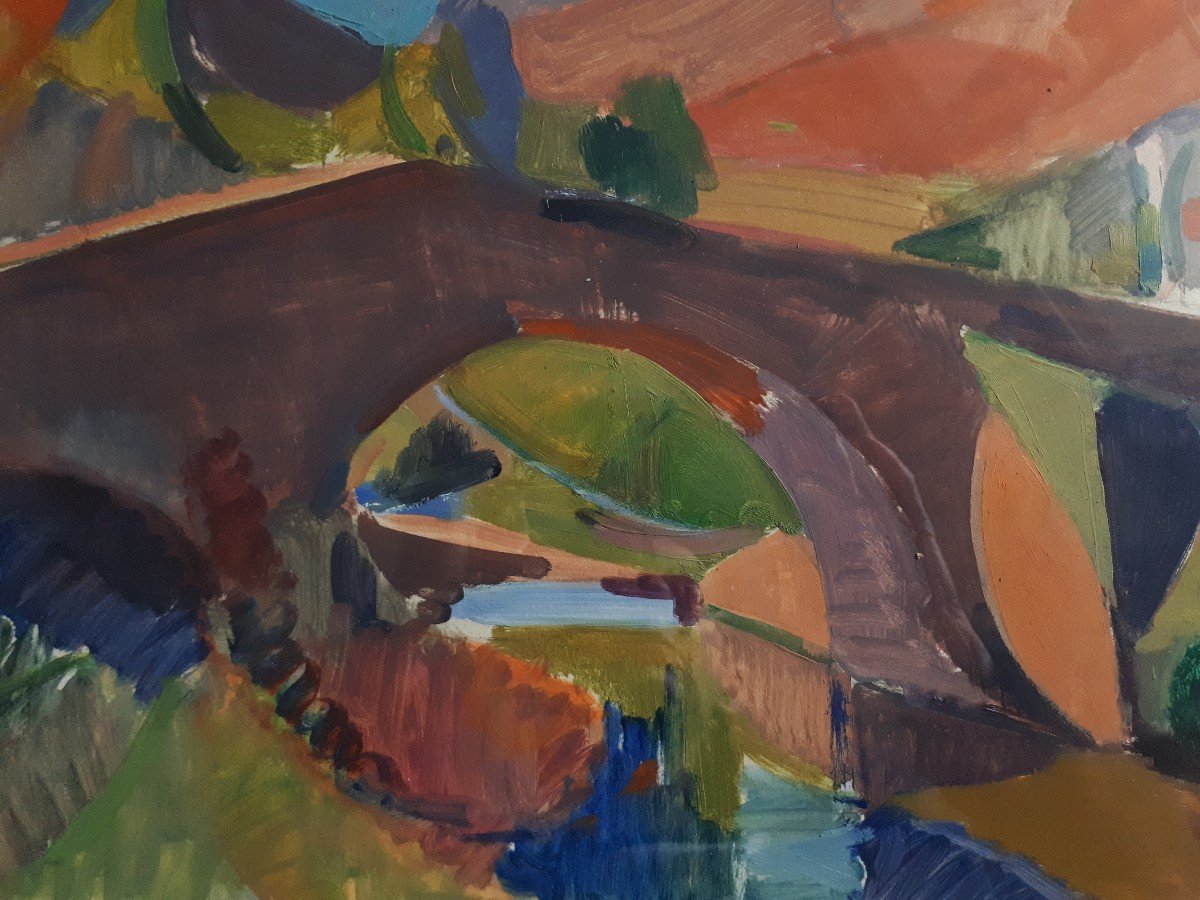 Oswald Perrelle (1897-1992) Oil On Paper Mountain Landscape Bridge River-photo-3