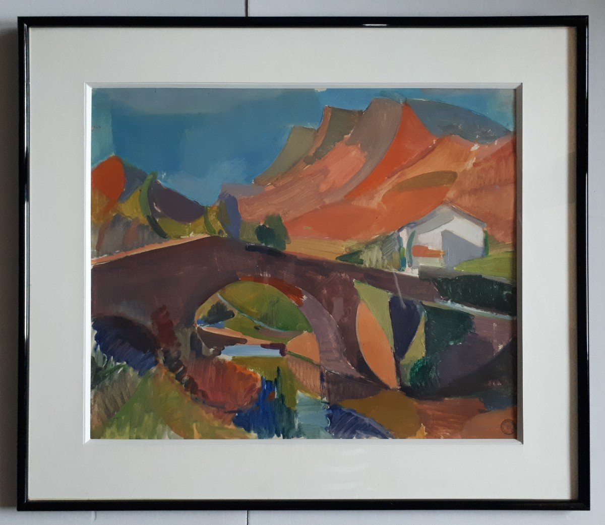 Oswald Perrelle (1897-1992) Oil On Paper Mountain Landscape Bridge River