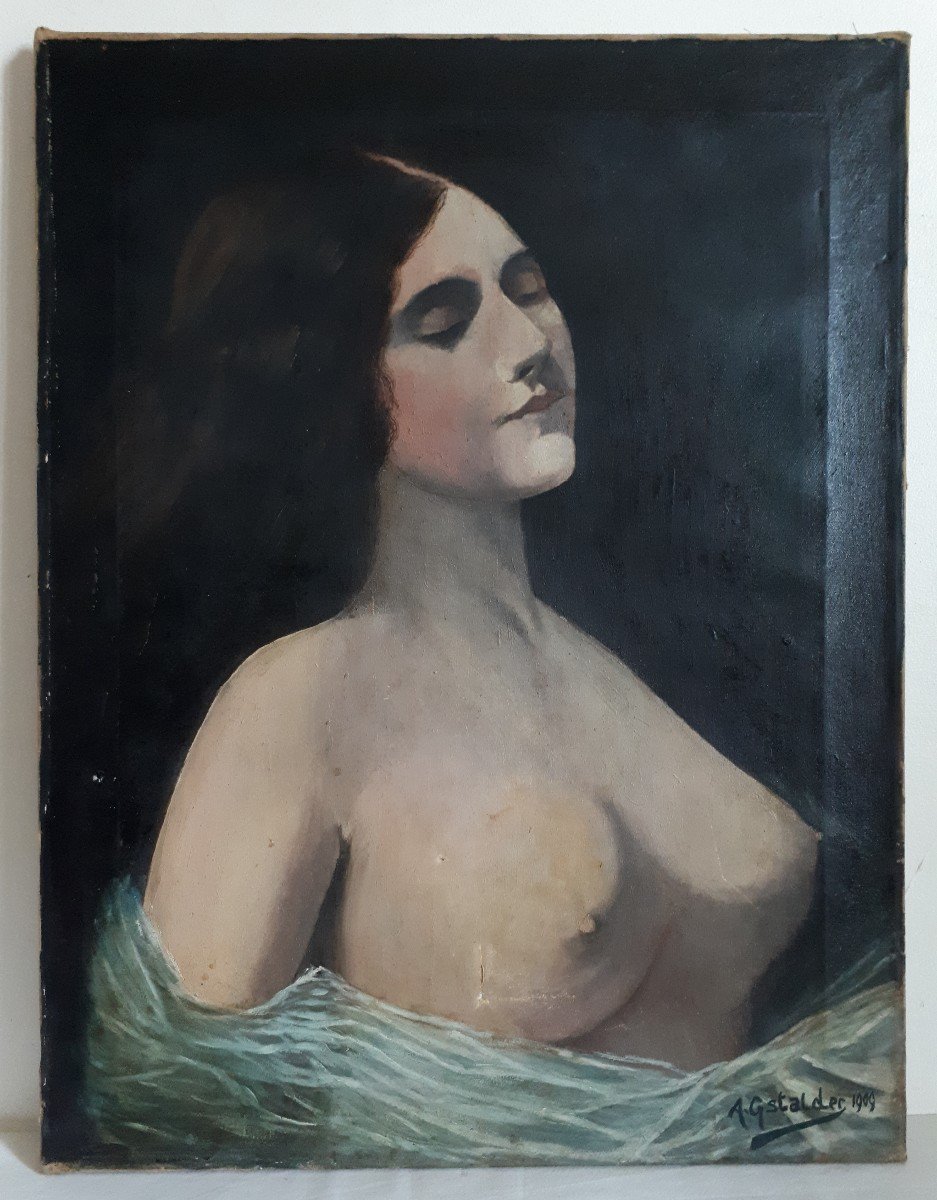 Huile sur toile nu féminin portrait jeune femme A. GSTALDER 1909