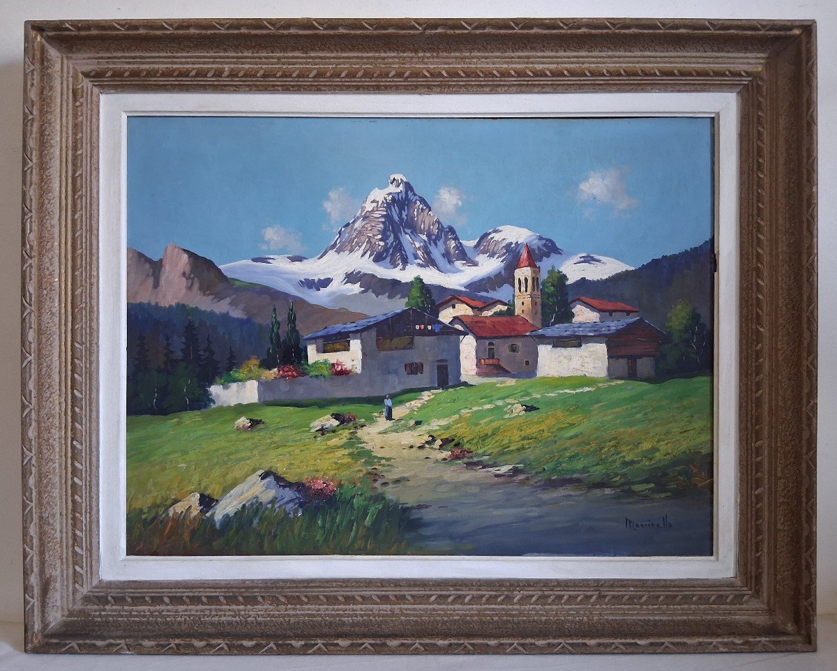 Huile sur panneau paysage de montagne Alpes signé Marcinello