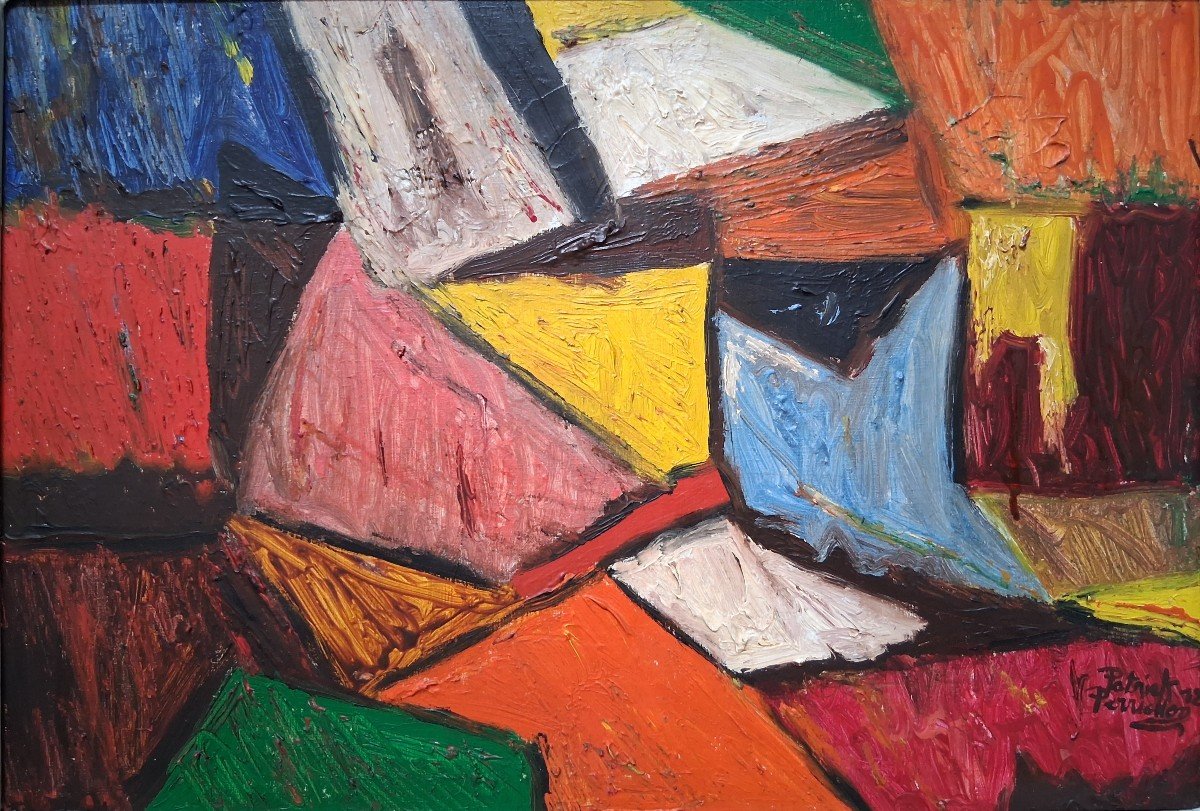 Abstract Composition Oil On Canvas Patrick Perrichon 1972-photo-2