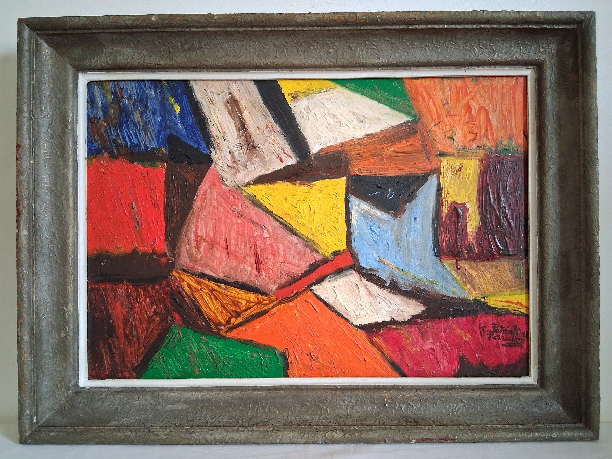 Abstract Composition Oil On Canvas Patrick Perrichon 1972