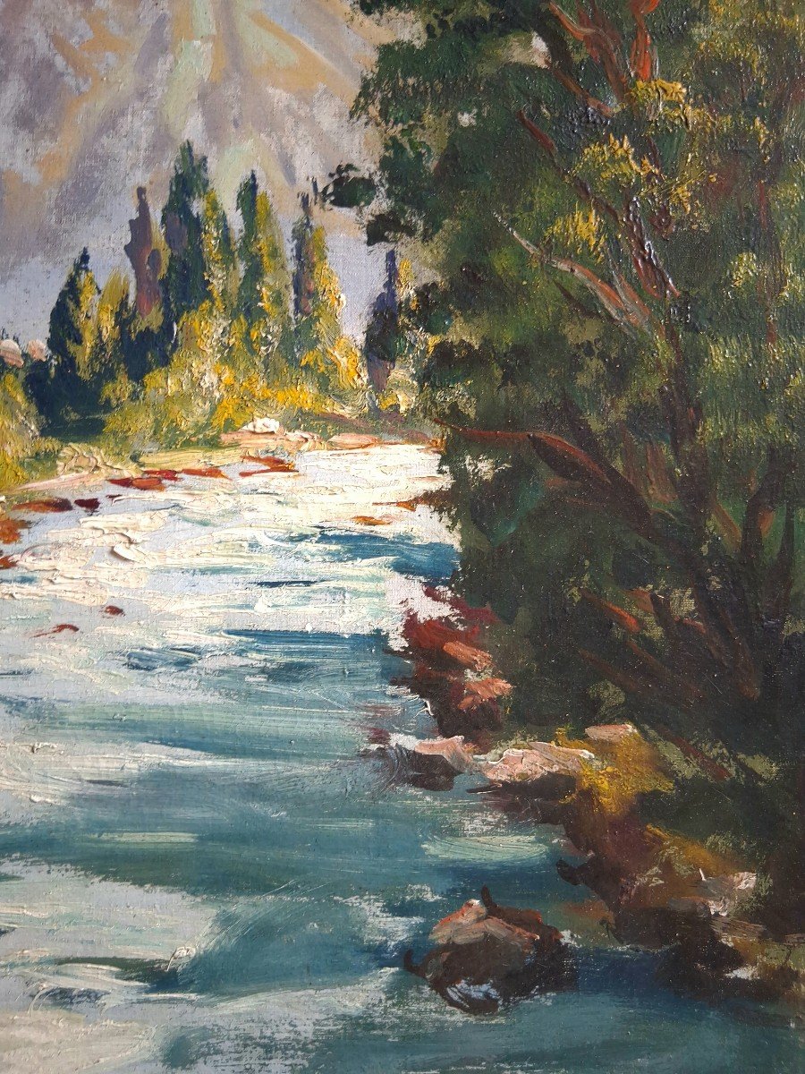 Oil On Canvas Mountain Landscape River Torrent Alexandre Altmann-photo-4