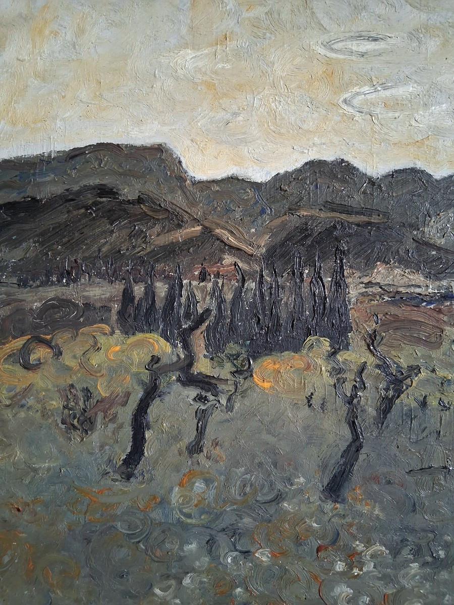 Anne-Marie LEGUILLIER (1932-2006) huile sur carton paysage provençal Alpilles -photo-3