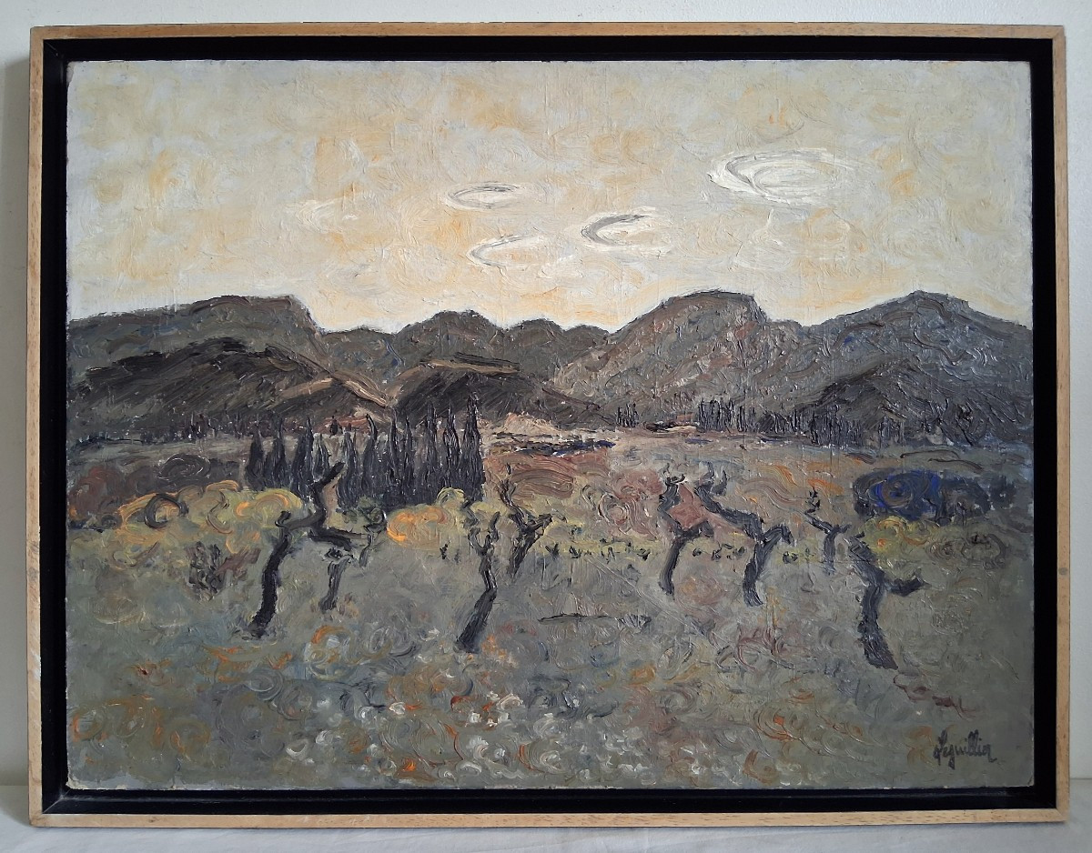 Anne-marie Leguillier (1932-2006) Oil On Cardboard Provençal Landscape Alpilles