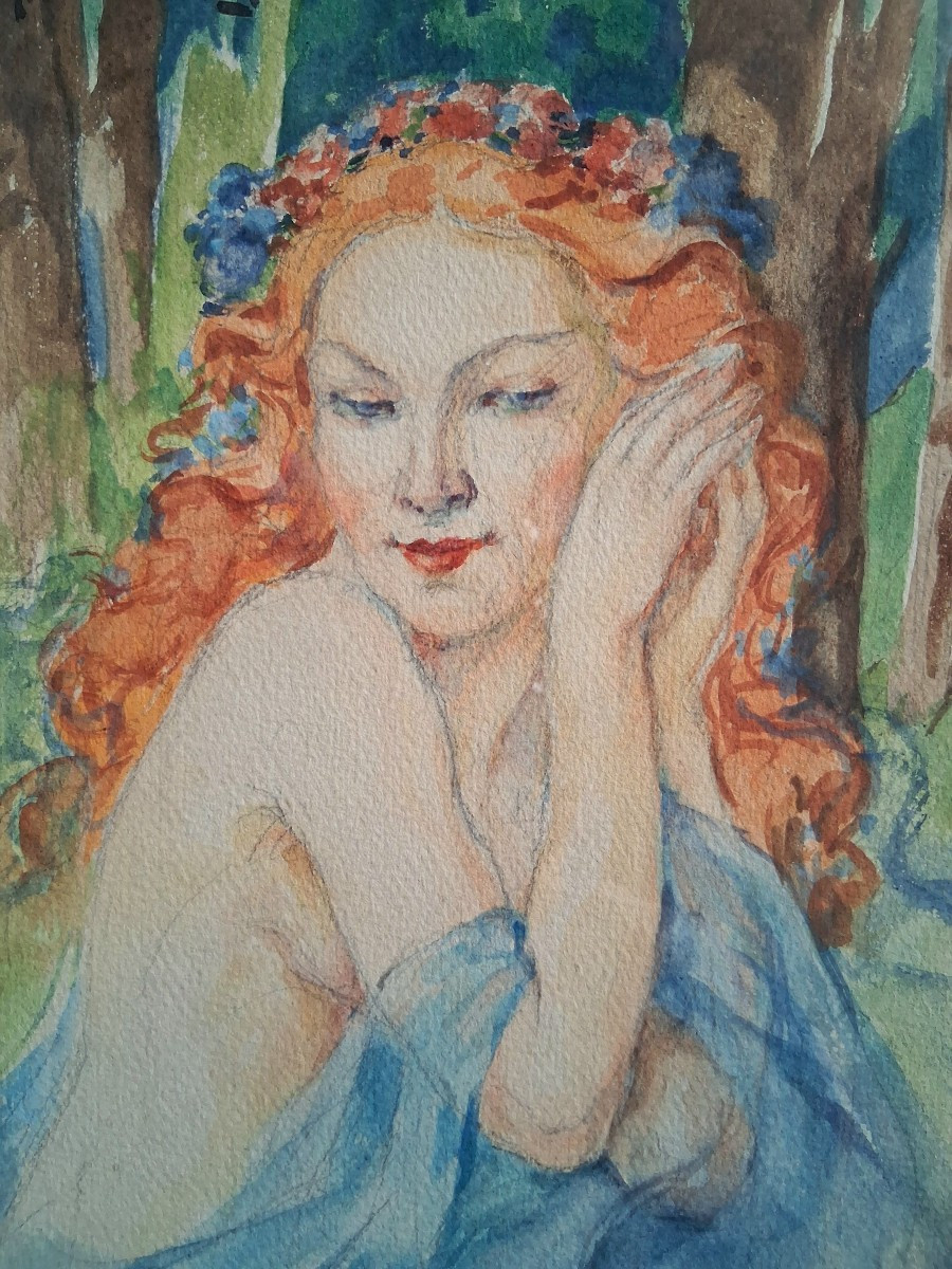 Léonie Humbert-vignot (1878-1960) Watercolor Portrait Of A Young Woman-photo-4