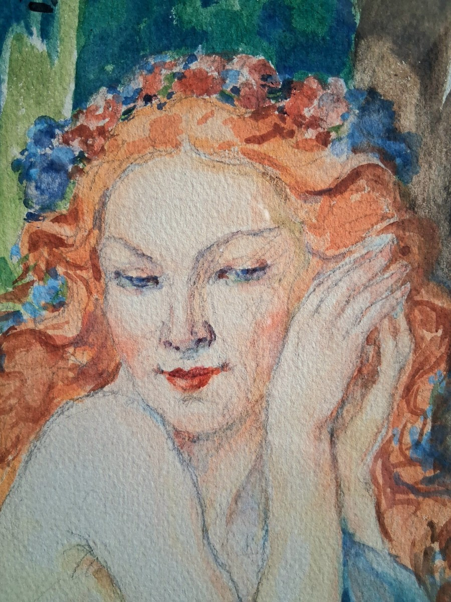 Léonie HUMBERT-VIGNOT (1878-1960) aquarelle portrait jeune femme-photo-1