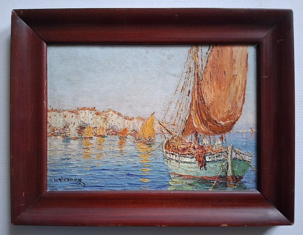 François Joseph VERNAY (1864-1950) Golfe-Juan le port huile sur bois-photo-2