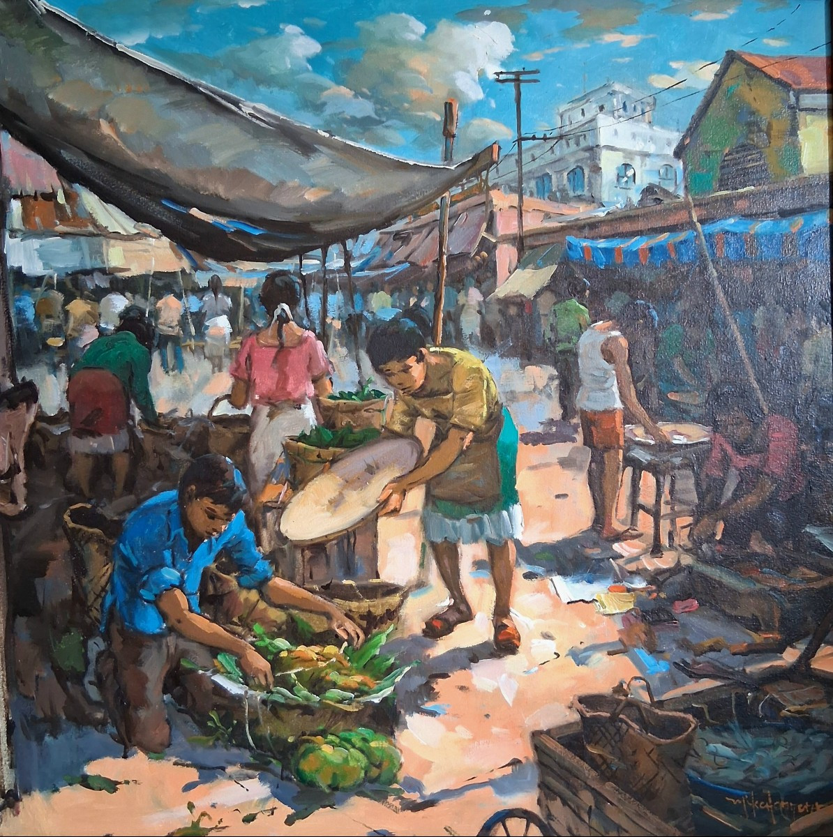 Asian Market Scene Oil On Canvas (signed)-photo-2