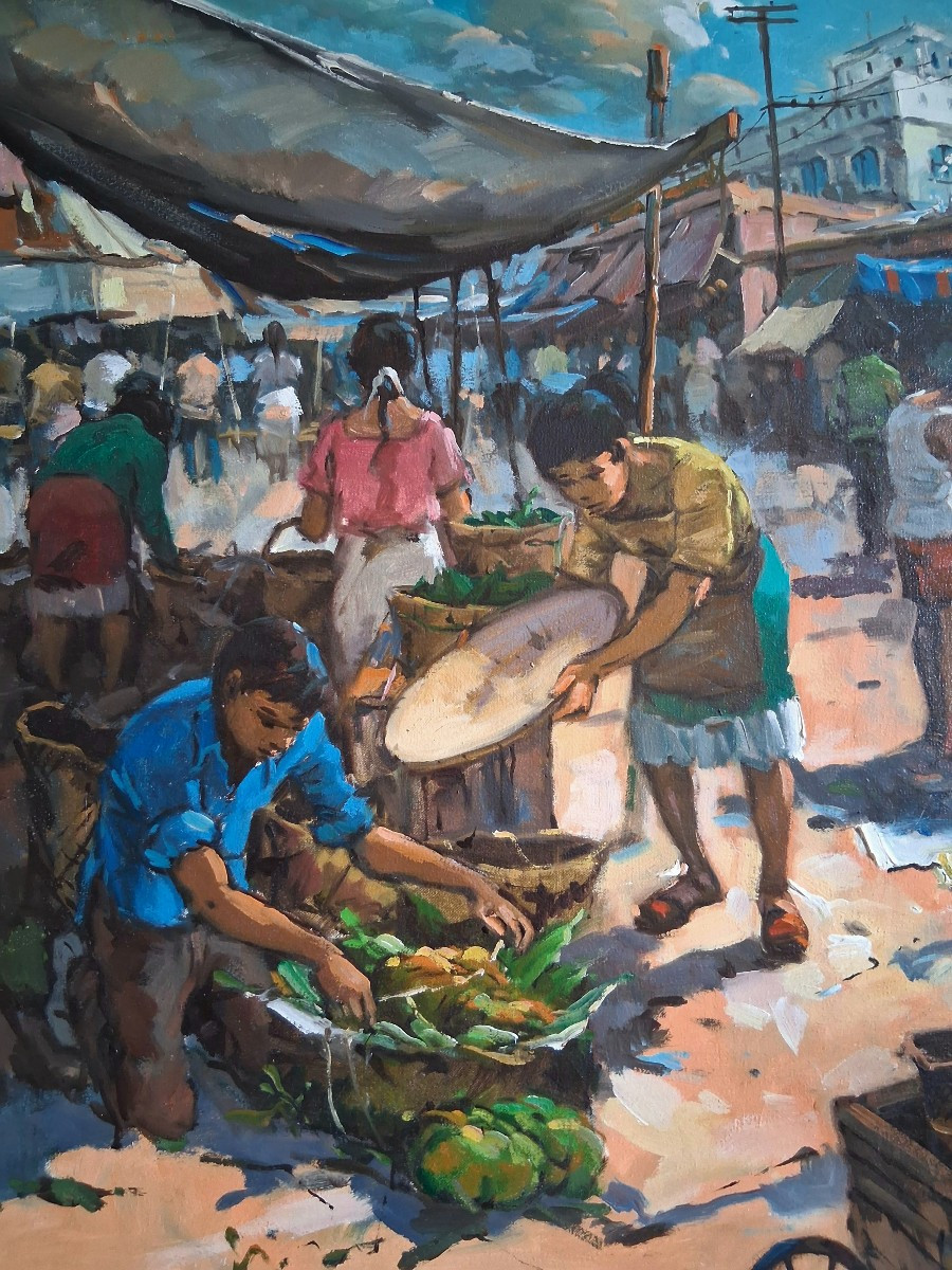 Asian Market Scene Oil On Canvas (signed)-photo-3