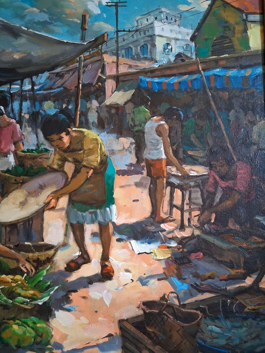 Asian Market Scene Oil On Canvas (signed)-photo-4