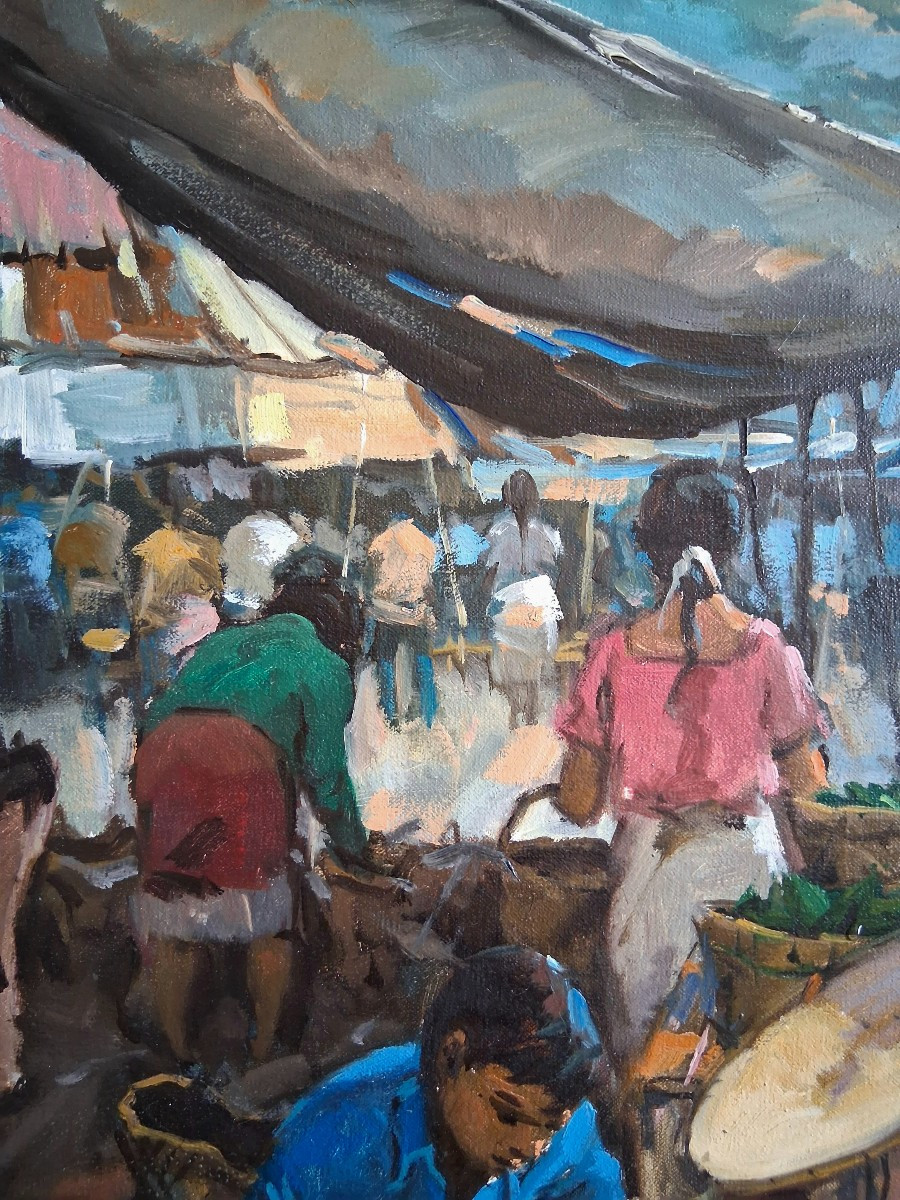 Asian Market Scene Oil On Canvas (signed)-photo-1