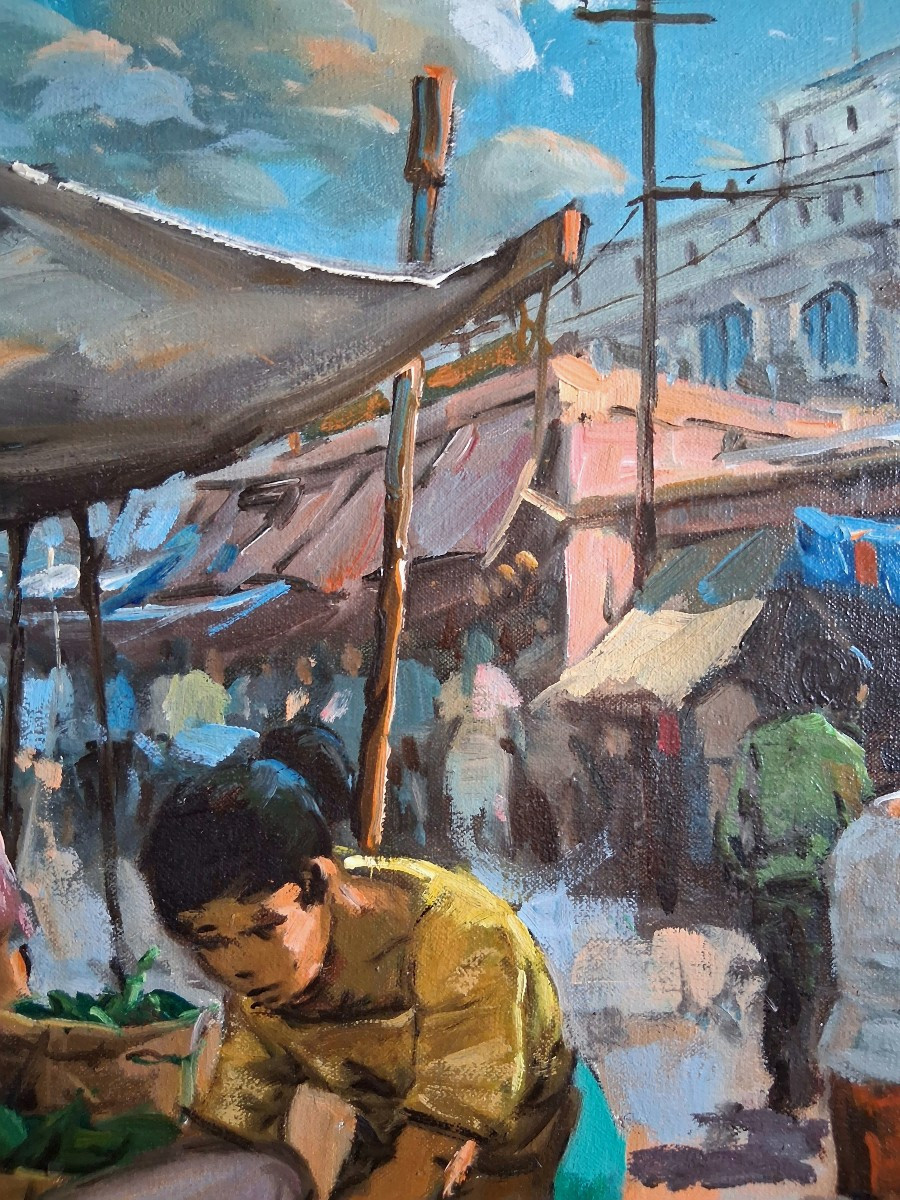 Asian Market Scene Oil On Canvas (signed)-photo-2