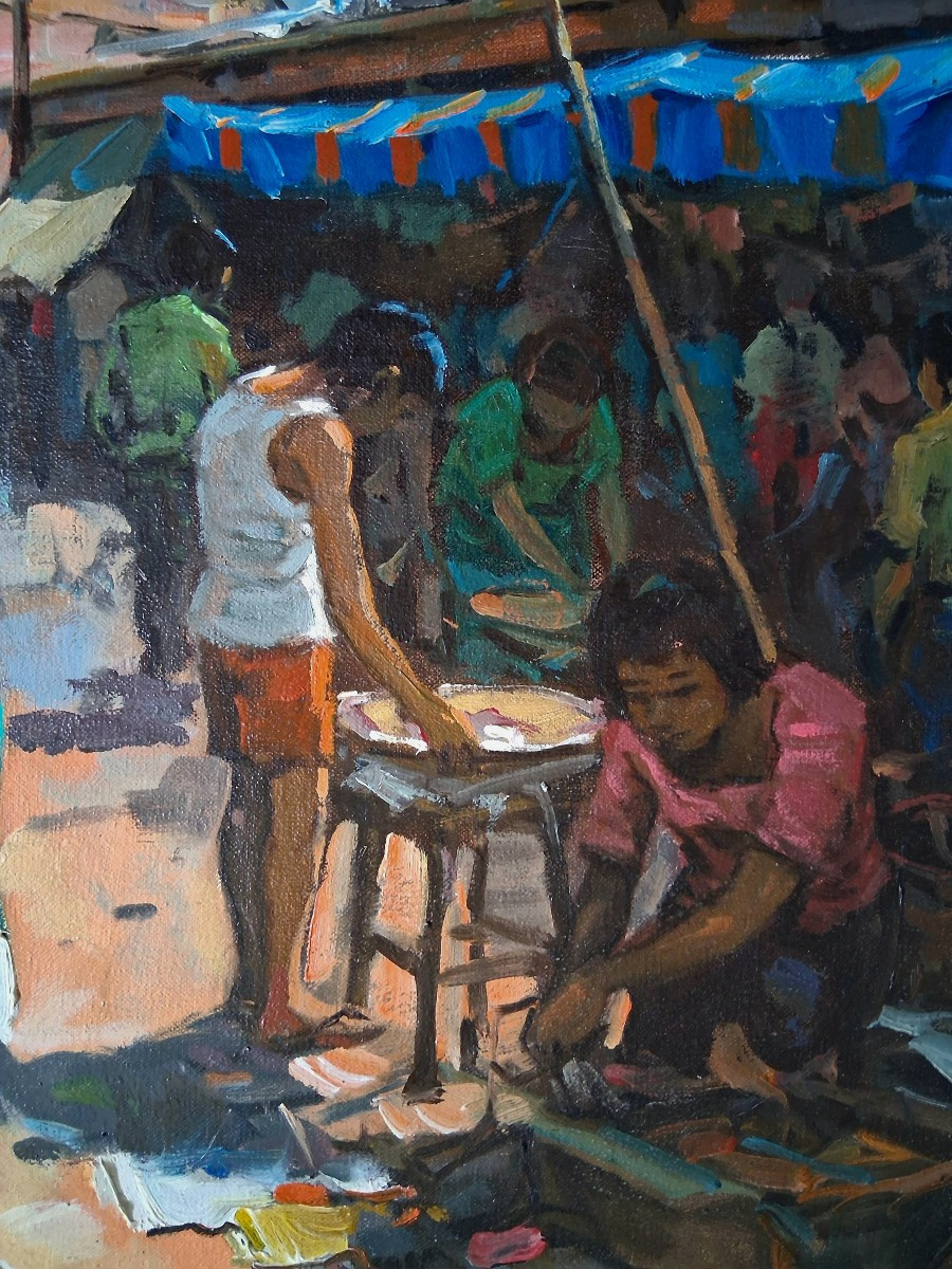 Asian Market Scene Oil On Canvas (signed)-photo-3