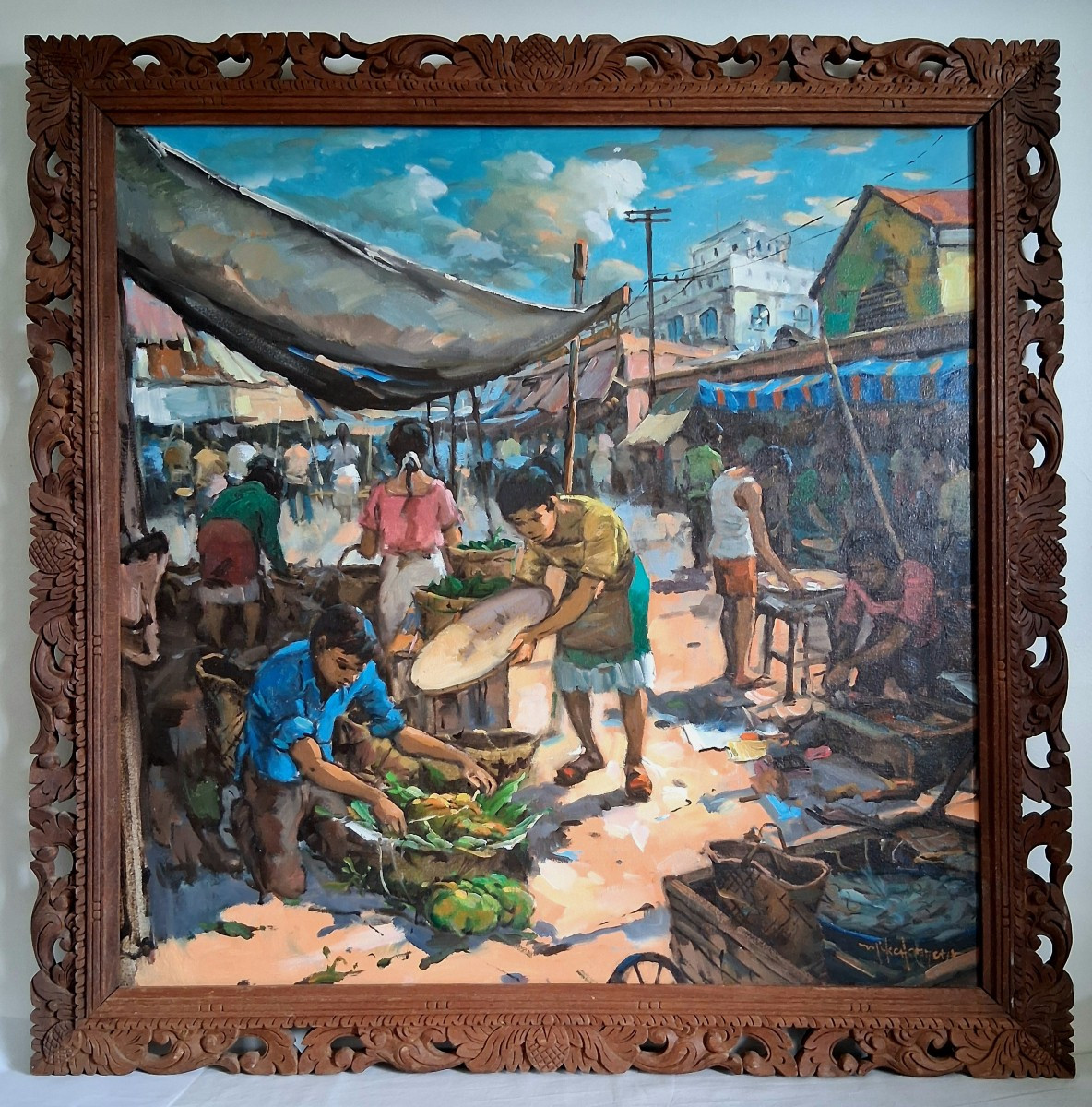 Asian Market Scene Oil On Canvas (signed)