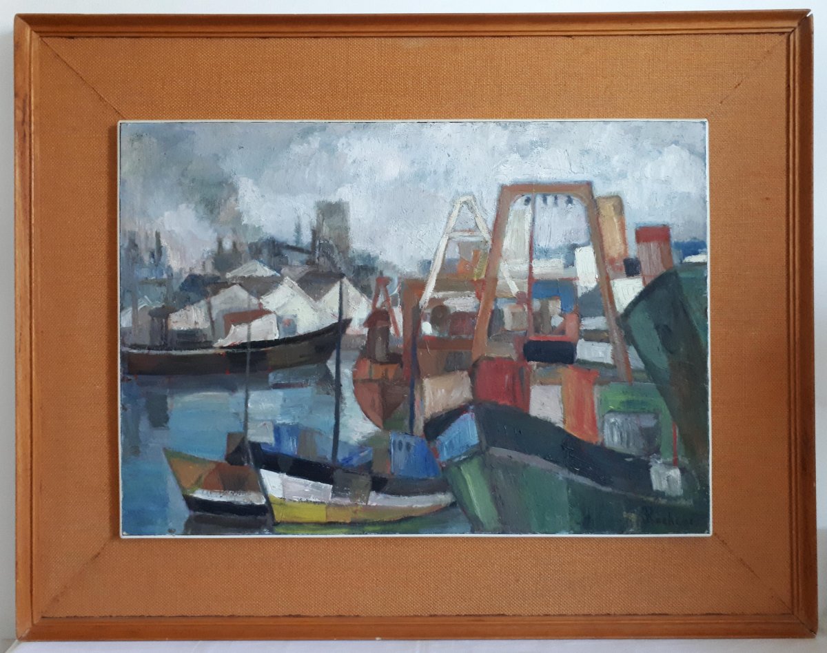 Jean-Philippe ROCHEUX huile sur panneau marine port Boulogne-sur-Mer milieu XXème