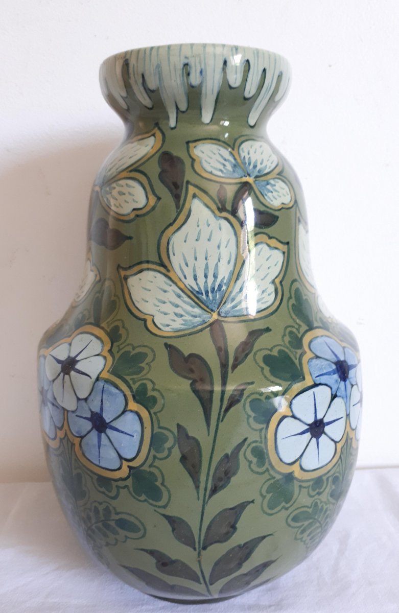 Vase céramique décor floral 1900 Art Nouveau Gouda Purmerend Hollande-photo-1