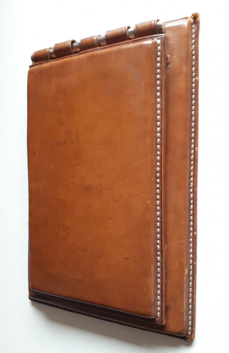 Porte-agenda et tampon-buvard cuir et bronze chromé 1940-1950 dans le goût de Paul Dupré-Lafon et Hermès -photo-2