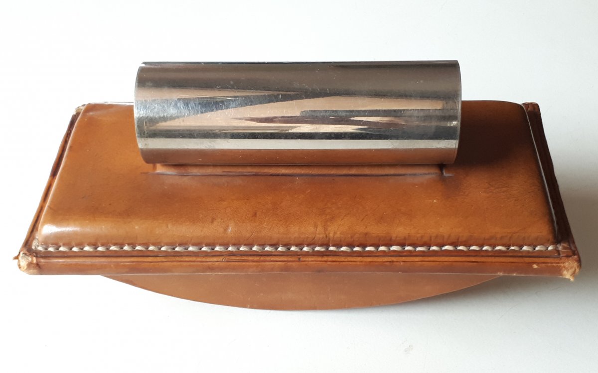 Porte-agenda et tampon-buvard cuir et bronze chromé 1940-1950 dans le goût de Paul Dupré-Lafon et Hermès -photo-4