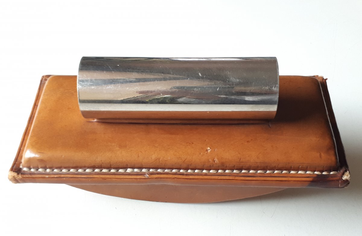 Porte-agenda et tampon-buvard cuir et bronze chromé 1940-1950 dans le goût de Paul Dupré-Lafon et Hermès -photo-5