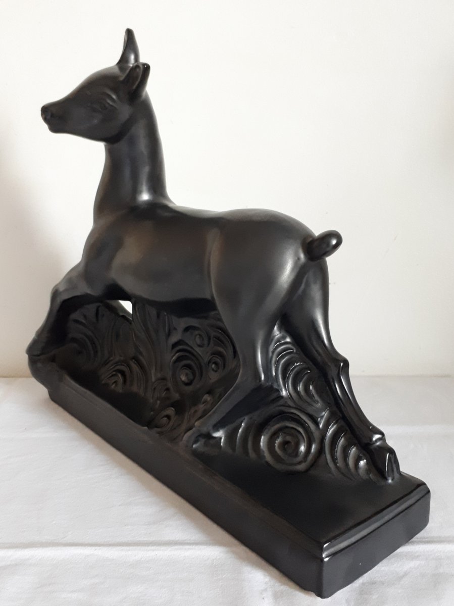 Jean-Marie RADUREAU Vallauris sculpture biche céramique noire 1930 Art Déco-photo-1