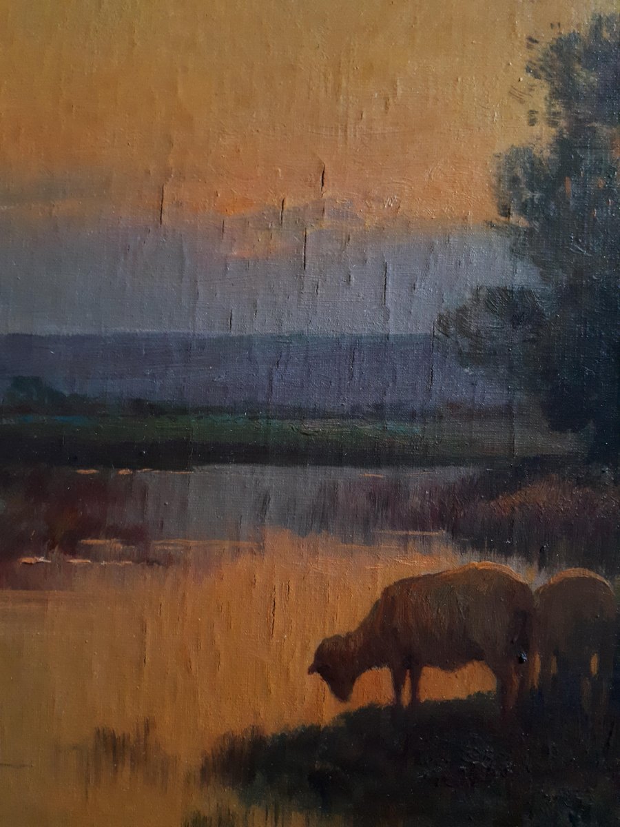 Brigitte Langevin Oil On Canvas Pastoral Scene At Dusk Sheep Late 19th-photo-2