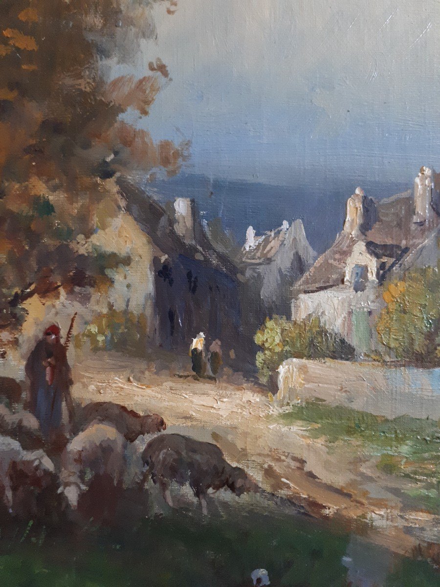 Tableau huile sur toile paysage scène de vie paysanne J. TASSERIE fin 19ème-photo-2