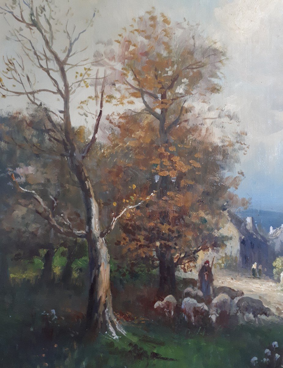 Tableau huile sur toile paysage scène de vie paysanne J. TASSERIE fin 19ème-photo-3