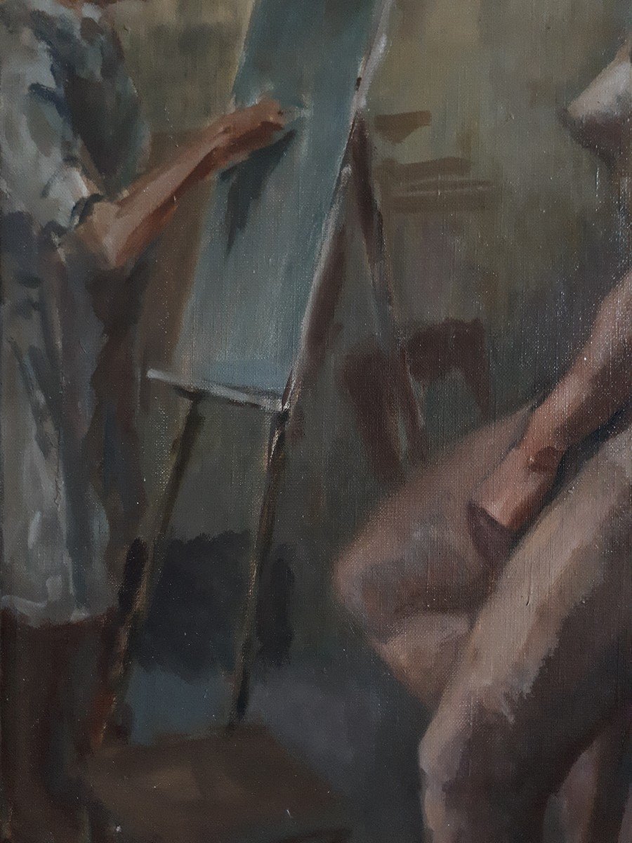 Tableau huile sur toile nu féminin atelier de peintre milieu XXème-photo-2