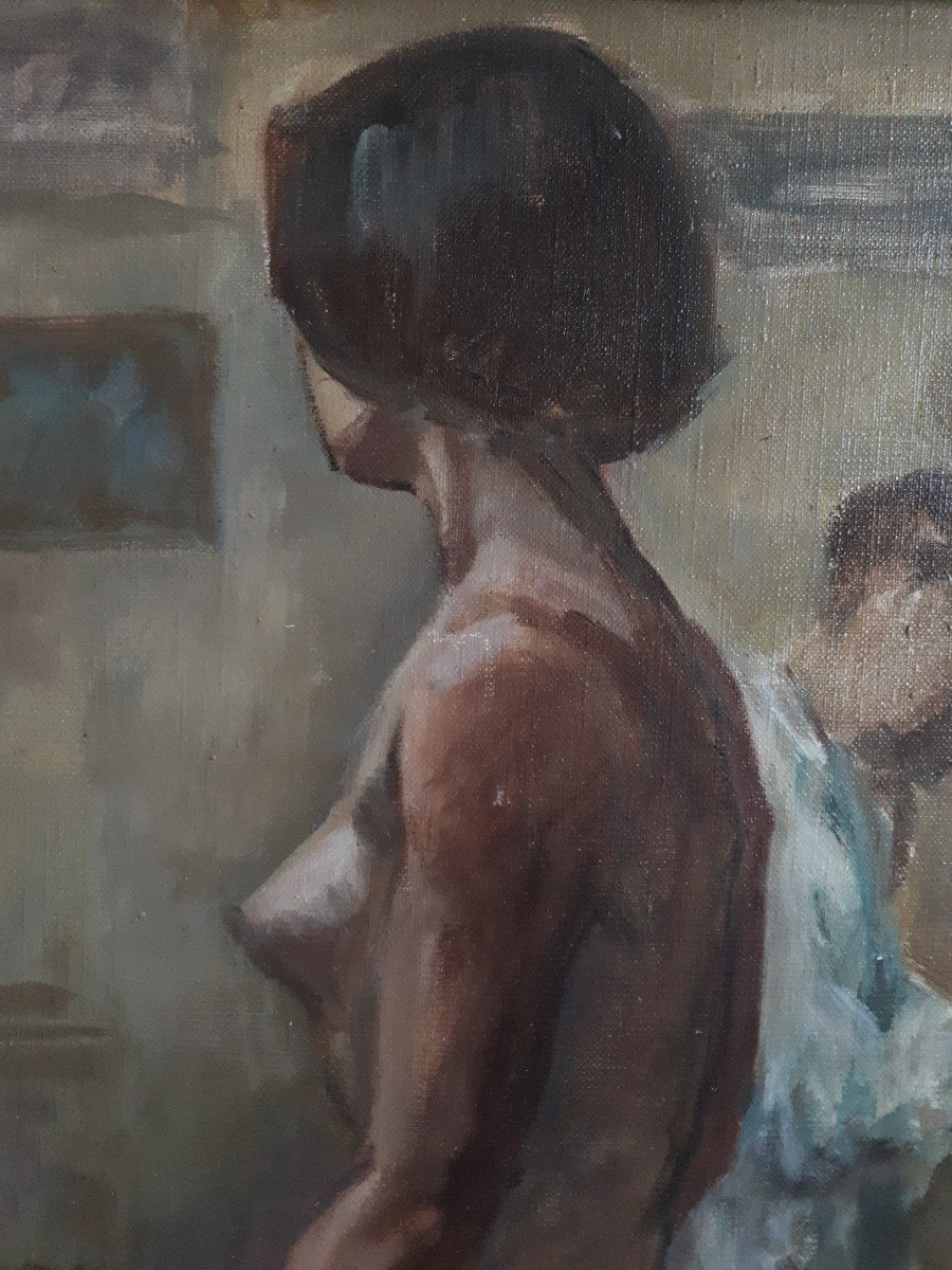 Tableau huile sur toile nu féminin atelier de peintre milieu XXème-photo-3